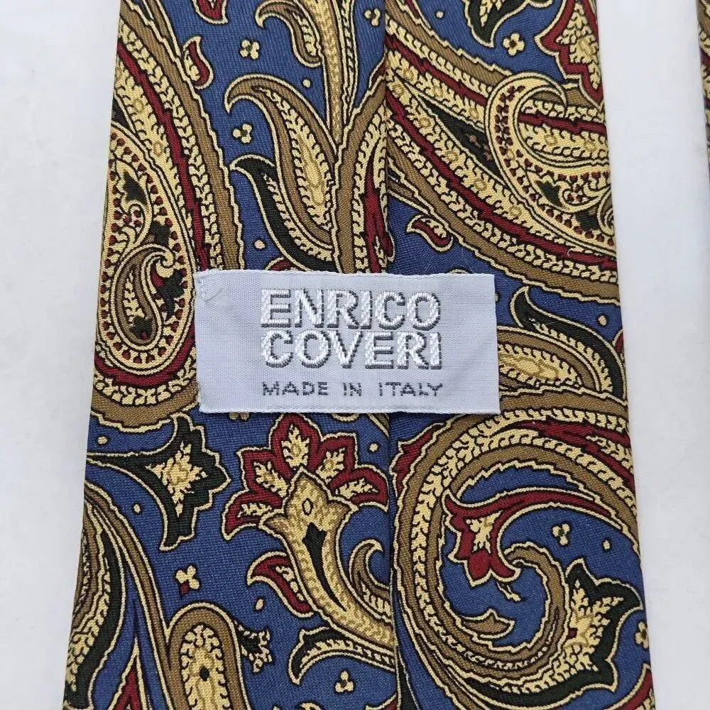 ENRICO COVERI ITALY SILK TIE BLUE TAN RED PAISLEY LUXURY SMOOTH 3.75